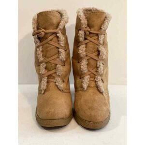 Ann Michelle Camel Tan Suede Heel Lace Up Boots Size 8 M
